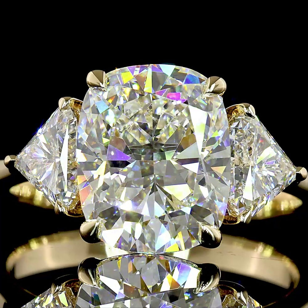 14K Yellow Gold Three Stone Ring with 3.55 Carat Cushion Brilliant Cut Lab Diamond and 1.02 Carat Shield Cut Side Diamonds - IGI Certified - 4.57 Carat Total Diamond Weight - Covaloro Fine Jewelry