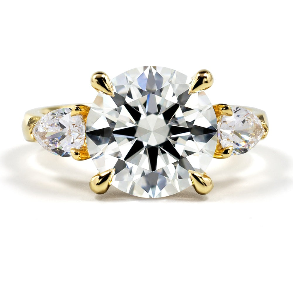 14K Yellow Gold Three-Stone Ring with 4.07 Carat Round Brilliant Cut Lab Diamond and 0.76 Carat Pear Shape Lab Diamond Side Stones - 4.83 Carat Total Diamond Weight, GIA Certified D VVS2 - Covaloro Fine Jewelry