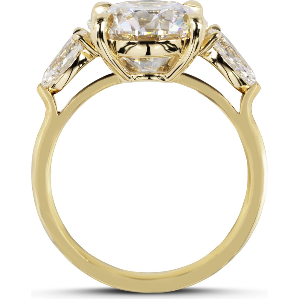 14K Yellow Gold Three-Stone Ring with 4.07 Carat Round Brilliant Cut Lab Diamond and 0.76 Carat Pear Shape Lab Diamond Side Stones - 4.83 Carat Total Diamond Weight, GIA Certified D VVS2 - Covaloro Fine Jewelry