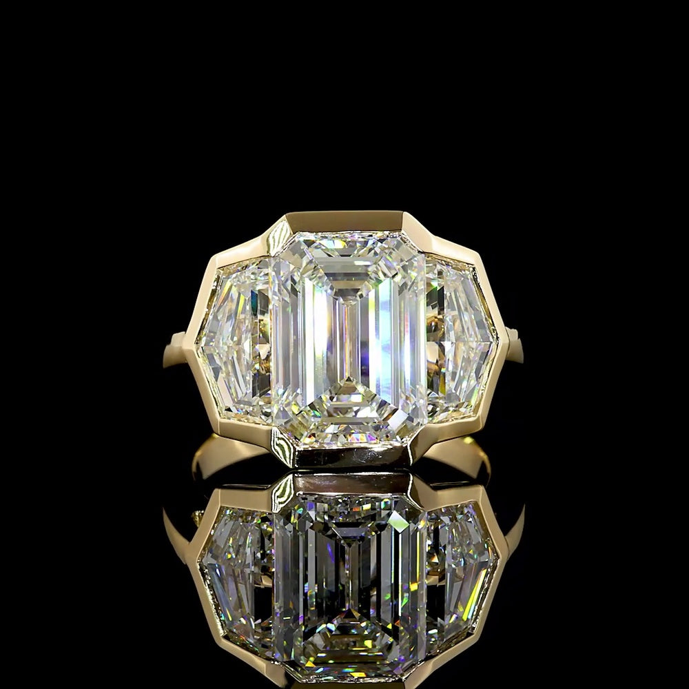 14K Yellow Gold Three Stone Ring with 5.09 Carat Emerald Cut and 2.36 Carat Cadillac Cut Lab Diamonds - 7.45 Total Carat Weight - Covaloro Fine Jewelry