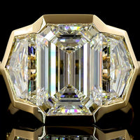 14K Yellow Gold Three Stone Ring with 5.09 Carat Emerald Cut and 2.36 Carat Cadillac Cut Lab Diamonds - 7.45 Total Carat Weight - Covaloro Fine Jewelry