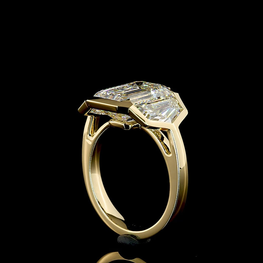 14K Yellow Gold Three Stone Ring with 5.09 Carat Emerald Cut and 2.36 Carat Cadillac Cut Lab Diamonds - 7.45 Total Carat Weight - Covaloro Fine Jewelry
