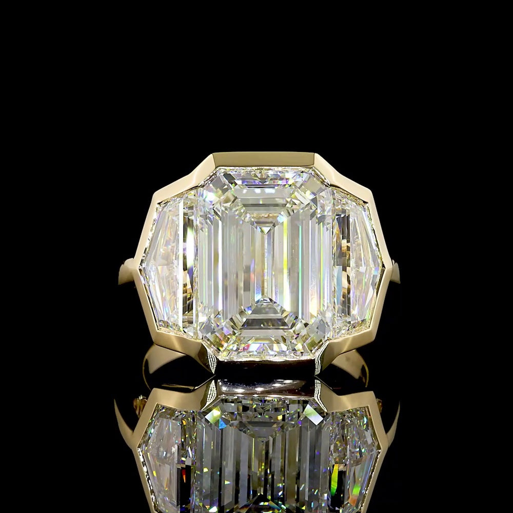 14K Yellow Gold Three Stone Ring with 7.07 Carats Emerald Cut Lab Diamond and Matching Cadillac Cut Side Stones - 10.07 Total Carat IGI Certified - Covaloro Fine Jewelry