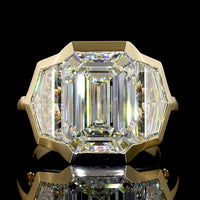 14K Yellow Gold Three Stone Ring with 7.07 Carats Emerald Cut Lab Diamond and Matching Cadillac Cut Side Stones - 10.07 Total Carat IGI Certified - Covaloro Fine Jewelry