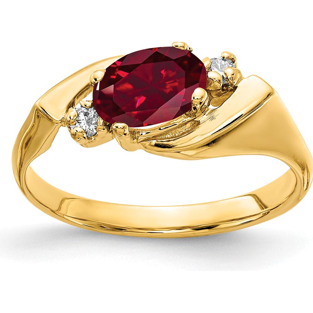 14K Yellow Gold Three-Stone Ring with 7x5mm Oval Created Ruby and Round Diamond Accents - 0.028 Carat Total Diamond Weight by Monteluci Fine Jewelry