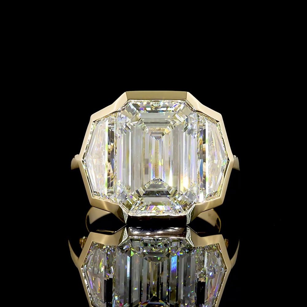 14K Yellow Gold Three Stone Ring with 8.15 Carat Emerald Cut Lab Diamond and 2.79 Carat Cadillac Cut Side Diamonds - 10.94 Carats Total Diamond Weight - Covaloro Fine Jewelry