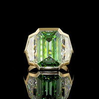 14K Yellow Gold Three Stone Ring with 9.04 Carat Emerald Cut Vivid Green Lab Diamond and 3.75 Carat Total Cadillac Cut White Lab Diamonds - 12.79 Carat Total Weight - Covaloro Fine Jewelry