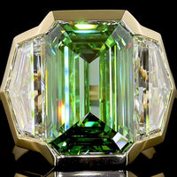 14K Yellow Gold Three Stone Ring with 9.04 Carat Emerald Cut Vivid Green Lab Diamond and 3.75 Carat Total Cadillac Cut White Lab Diamonds - 12.79 Carat Total Weight - Covaloro Fine Jewelry