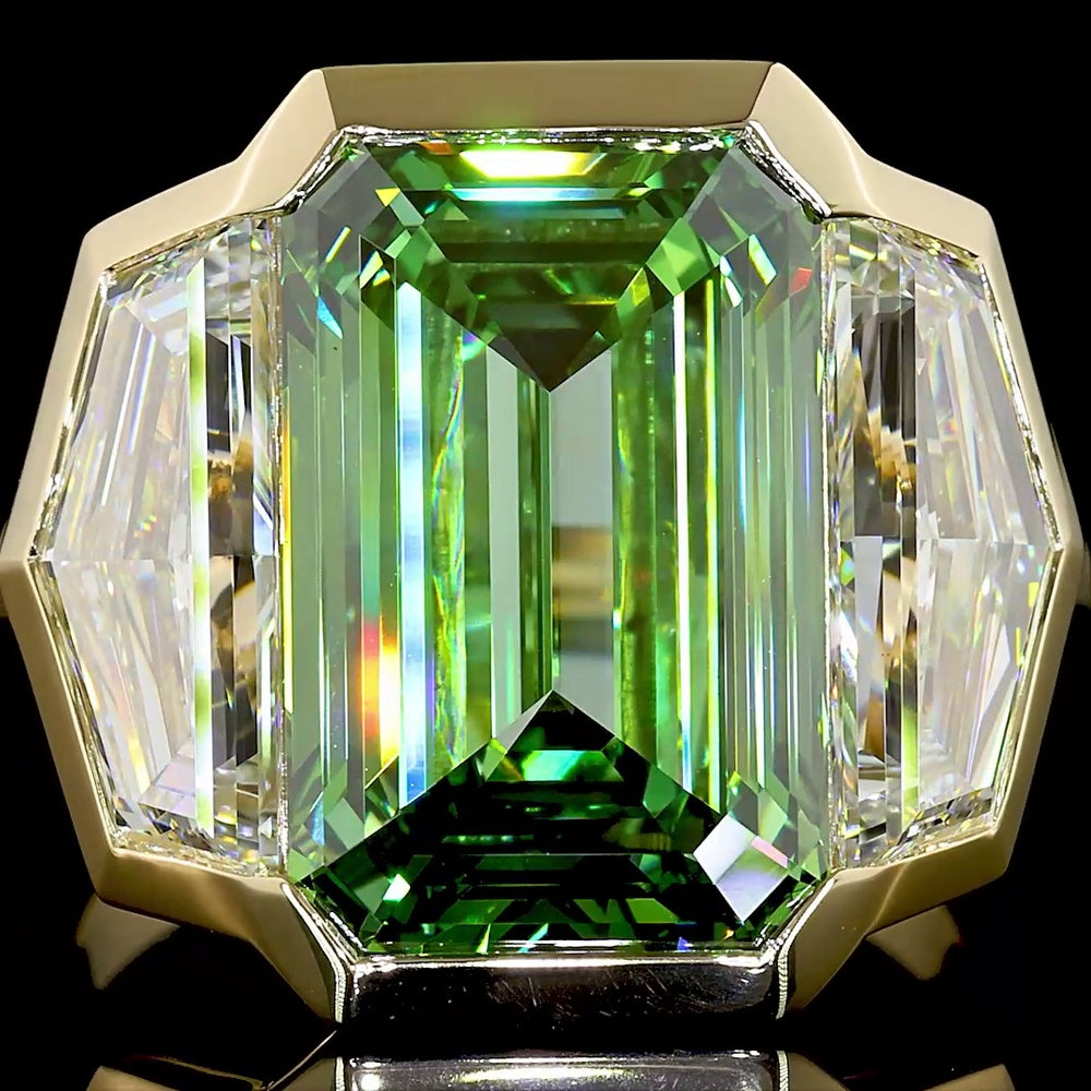 14K Yellow Gold Three Stone Ring with 9.04 Carat Emerald Cut Vivid Green Lab Diamond and 3.75 Carat Total Cadillac Cut White Lab Diamonds - 12.79 Carat Total Weight - Covaloro Fine Jewelry