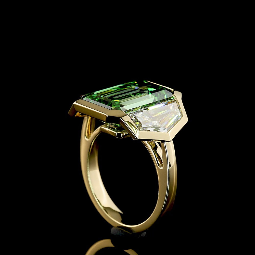 14K Yellow Gold Three Stone Ring with 9.04 Carat Emerald Cut Vivid Green Lab Diamond and 3.75 Carat Total Cadillac Cut White Lab Diamonds - 12.79 Carat Total Weight - Covaloro Fine Jewelry