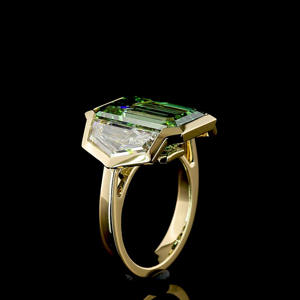 14K Yellow Gold Three Stone Ring with 9.04 Carat Emerald Cut Vivid Green Lab Diamond and 3.75 Carat Total Cadillac Cut White Lab Diamonds - 12.79 Carat Total Weight - Covaloro Fine Jewelry