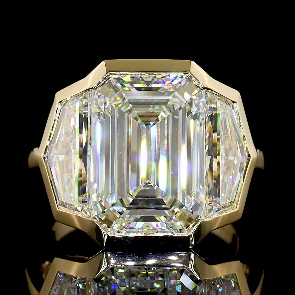 14K Yellow Gold Three-Stone Ring with 9.20 Carat Emerald Cut Lab Diamond and Cadillac Side Stones - 12.37 Carat Total Diamond Weight - Covaloro Fine Jewelry