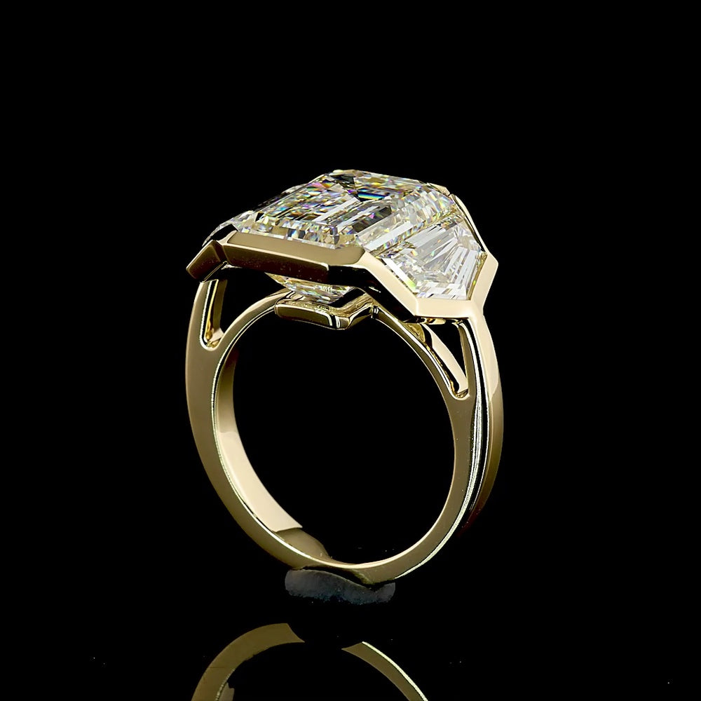 14K Yellow Gold Three-Stone Ring with 9.20 Carat Emerald Cut Lab Diamond and Cadillac Side Stones - 12.37 Carat Total Diamond Weight - Covaloro Fine Jewelry