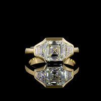 14K Yellow Gold Three Stone Ring with Asscher Cut Lab Diamond Center and Trapezoid Side Stones - 2.62 Carat Total Diamond Weight - Covaloro Fine Jewelry
