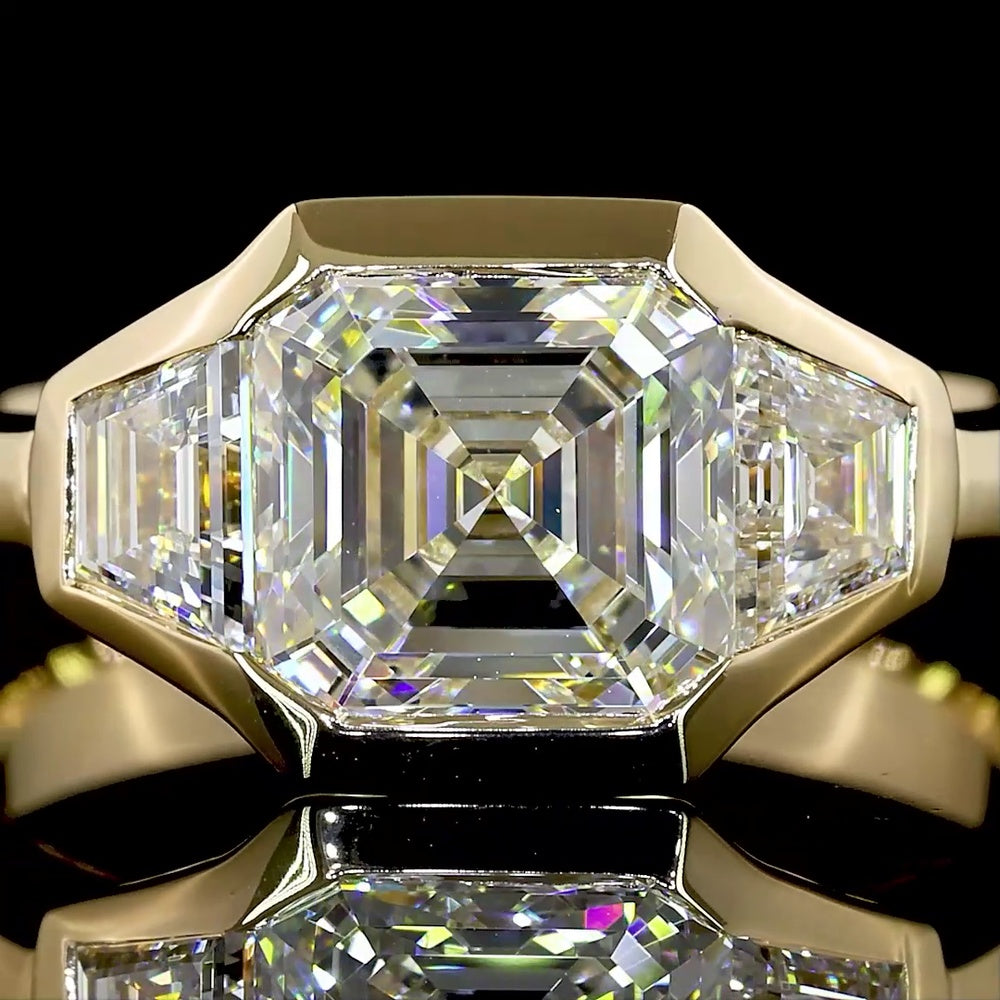 14K Yellow Gold Three Stone Ring with Asscher Cut Lab Diamond Center and Trapezoid Side Stones - 2.62 Carat Total Diamond Weight - Covaloro Fine Jewelry