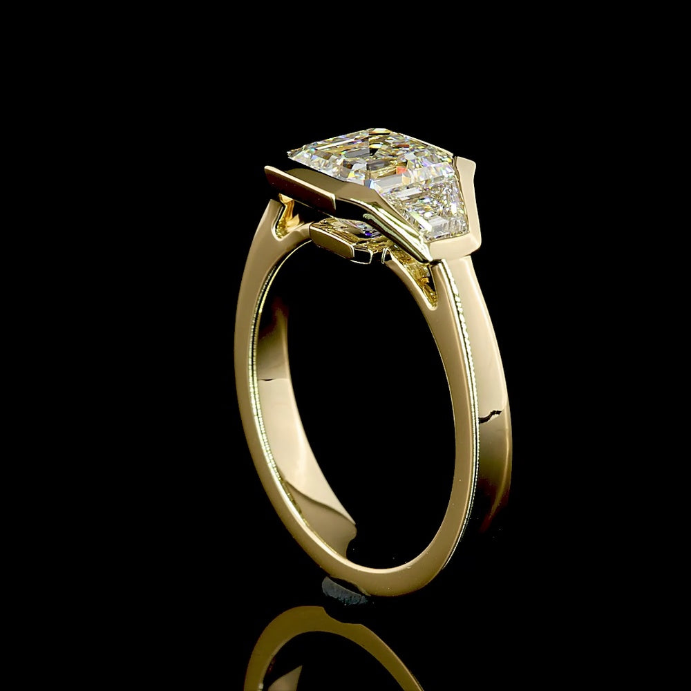 14K Yellow Gold Three Stone Ring with Asscher Cut Lab Diamond Center and Trapezoid Side Stones - 2.62 Carat Total Diamond Weight - Covaloro Fine Jewelry