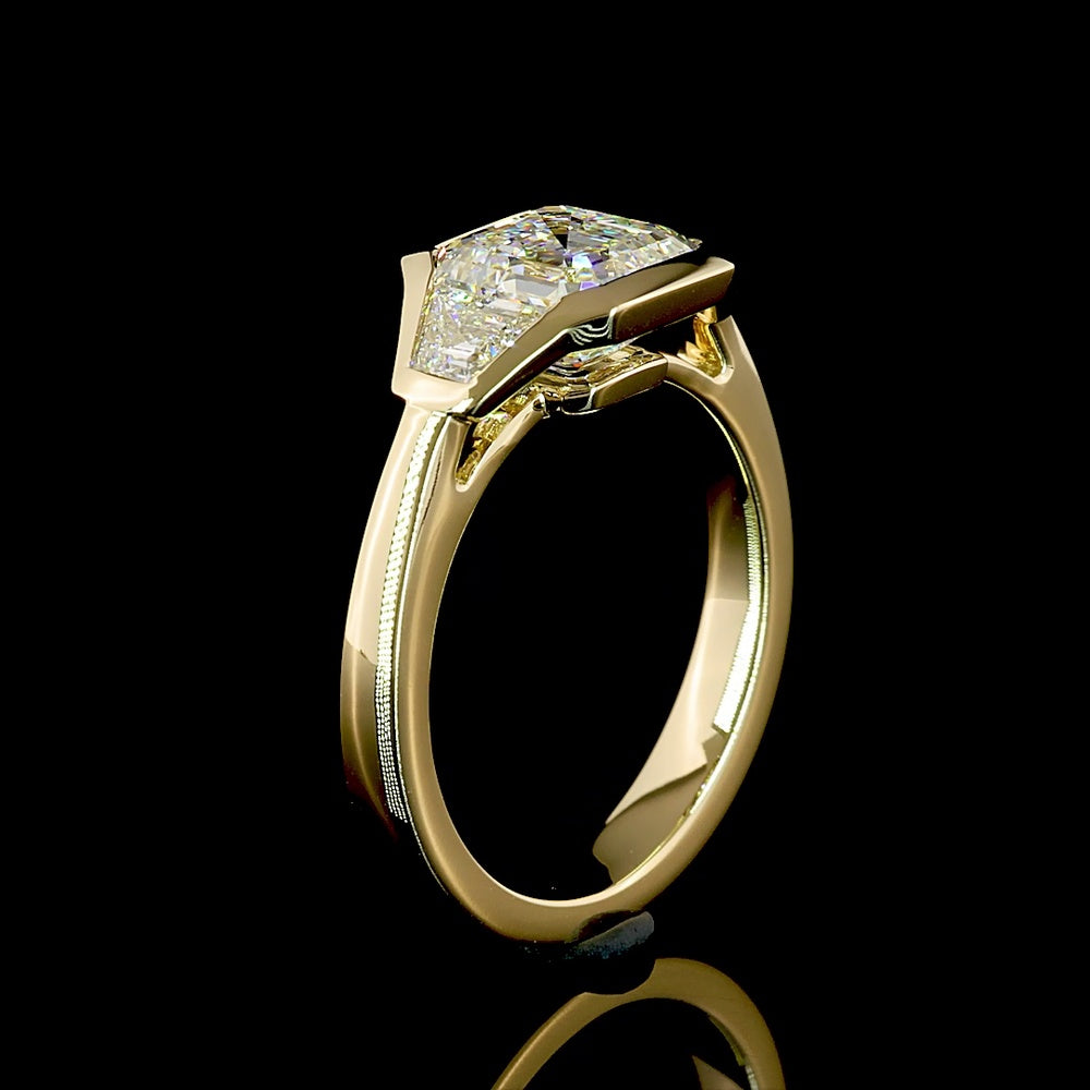 14K Yellow Gold Three Stone Ring with Asscher Cut Lab Diamond Center and Trapezoid Side Stones - 2.62 Carat Total Diamond Weight - Covaloro Fine Jewelry