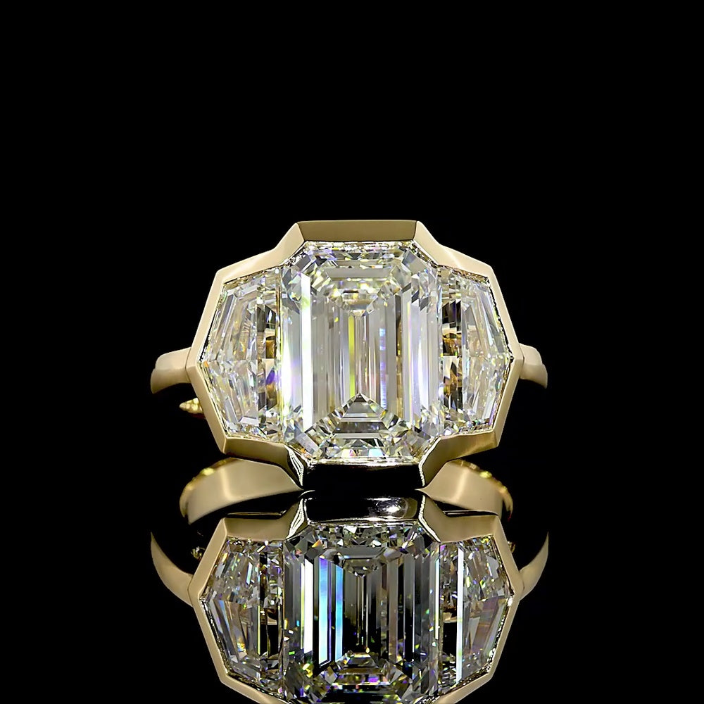 14K Yellow Gold Three Stone Ring with Bezel Set 4.14 Carats Emerald Cut Lab Diamond and Cadillac Cut Sidestones - 6.02 Carats Total Diamond Weight - Covaloro Fine Jewelry