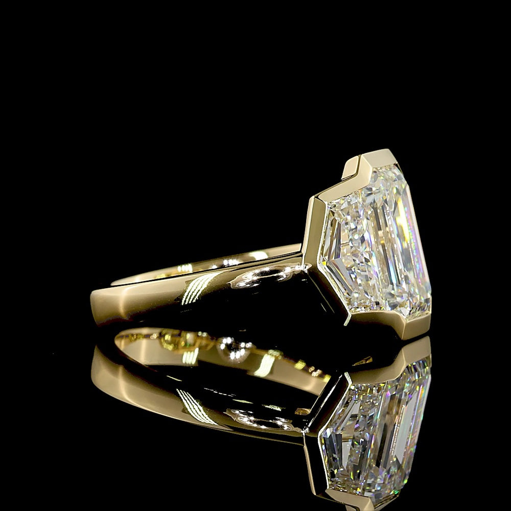 14K Yellow Gold Three Stone Ring with Bezel Set 4.14 Carats Emerald Cut Lab Diamond and Cadillac Cut Sidestones - 6.02 Carats Total Diamond Weight - Covaloro Fine Jewelry