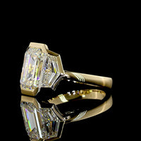 14K Yellow Gold Three Stone Ring with Bezel Set 4.14 Carats Emerald Cut Lab Diamond and Cadillac Cut Sidestones - 6.02 Carats Total Diamond Weight - Covaloro Fine Jewelry