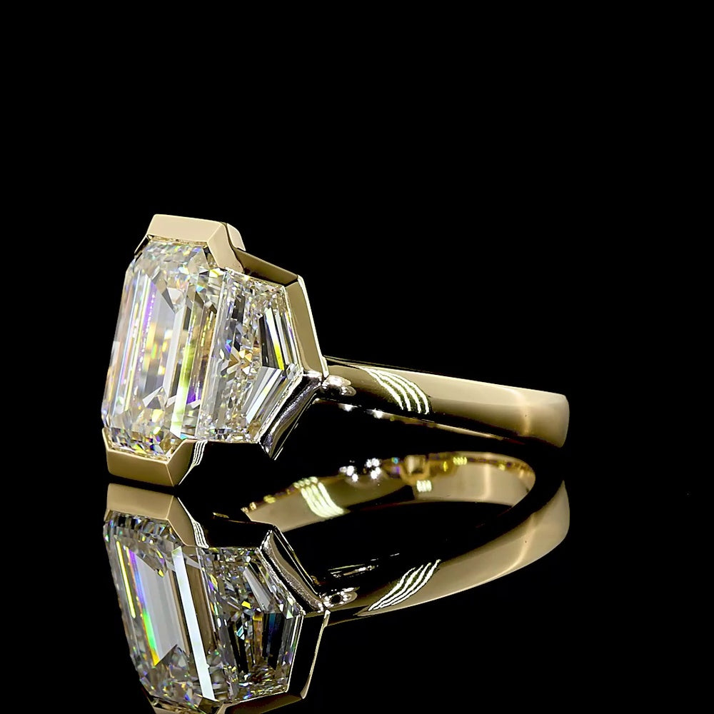 14K Yellow Gold Three Stone Ring with Bezel Set 4.14 Carats Emerald Cut Lab Diamond and Cadillac Cut Sidestones - 6.02 Carats Total Diamond Weight - Covaloro Fine Jewelry