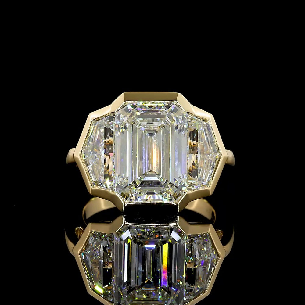 14K Yellow Gold Three Stone Ring with Bezel Set Emerald Cut and Cadillac Cut Lab Diamonds - 8.86 Carats Total Diamond Weight - Covaloro Fine Jewelry