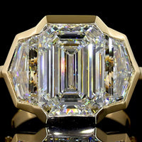 14K Yellow Gold Three Stone Ring with Bezel Set Emerald Cut and Cadillac Cut Lab Diamonds - 8.86 Carats Total Diamond Weight - Covaloro Fine Jewelry