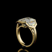 14K Yellow Gold Three Stone Ring with Bezel Set Emerald Cut and Cadillac Cut Lab Diamonds - 8.86 Carats Total Diamond Weight - Covaloro Fine Jewelry
