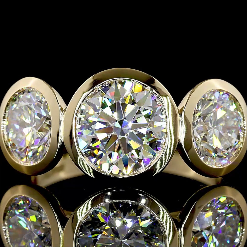 14K Yellow Gold Three Stone Ring with Bezel Set Round Brilliant Cut Lab Diamonds - 4.01 Carat Total Diamond Weight (1.91 Carat Center D VVS2) - Covaloro Fine Jewelry