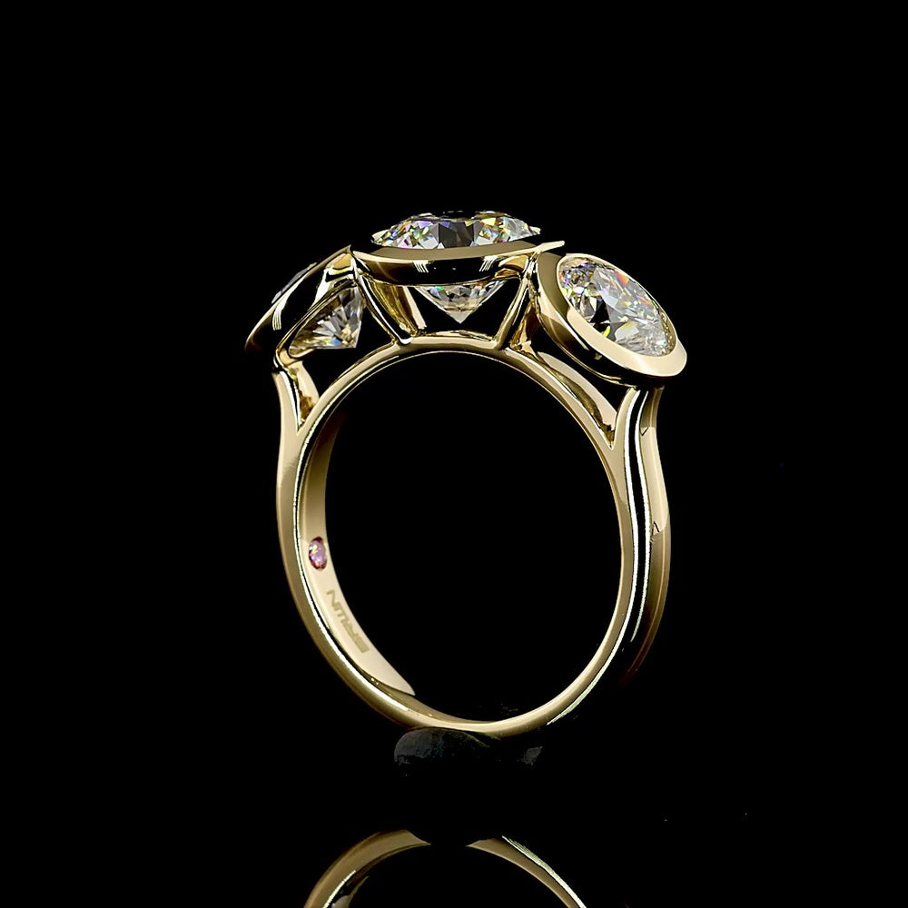 14K Yellow Gold Three Stone Ring with Bezel Set Round Brilliant Cut Lab Diamonds - 4.01 Carat Total Diamond Weight (1.91 Carat Center D VVS2) - Covaloro Fine Jewelry