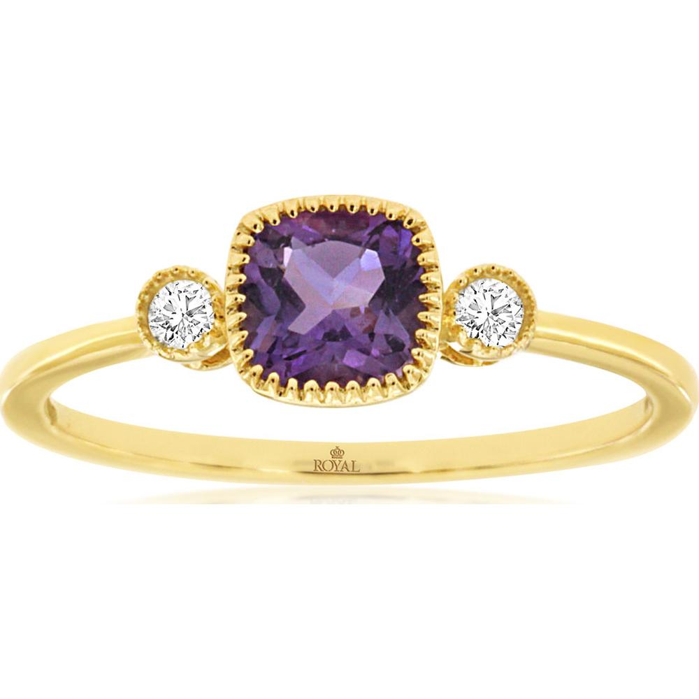 14K Yellow Gold Three Stone Ring with Cushion Amethyst and Round Diamond Accents - 0.50 Carat Amethyst and 0.06 Carat Total Diamond Weight - Royal Jewelry