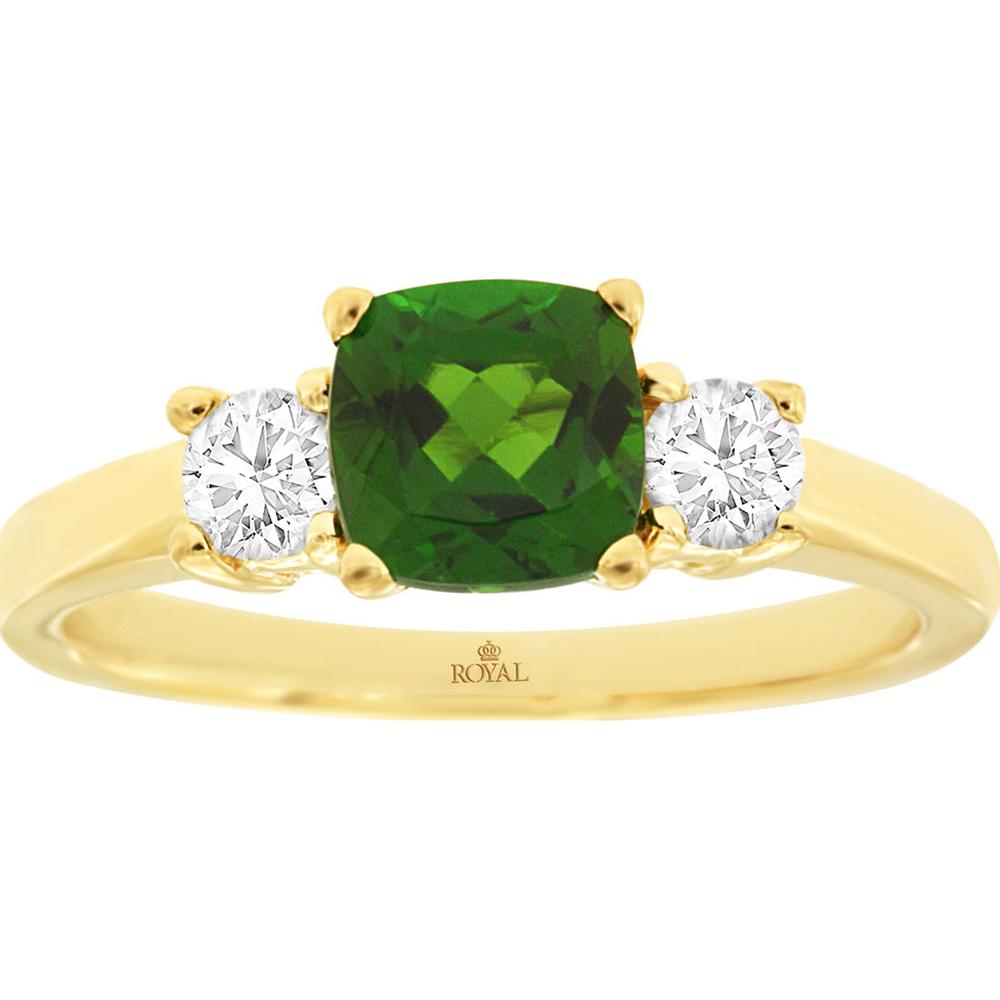 14K Yellow Gold Three-Stone Ring with Cushion Cut 1.00 Carat Russalite and Round Accent Diamonds 0.30 Carat Total - Royal Jewelry