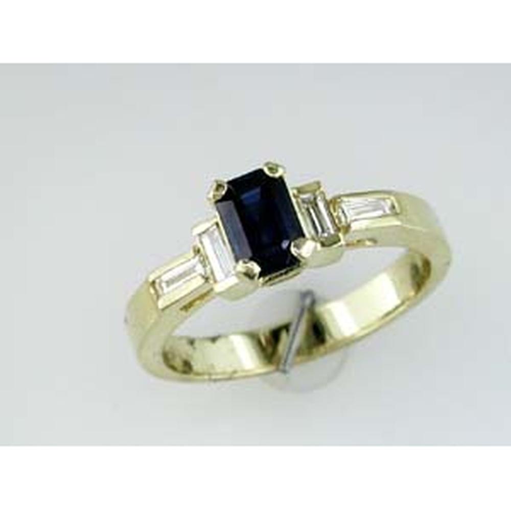 14K Yellow Gold Three-Stone Ring with Emerald Cut Blue Sapphire and Baguette Diamonds - 0.80 Carat Sapphire & 0.40 Carat Diamond Weight - Royal Jewelry