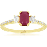 14K Yellow Gold Three-Stone Ring with Emerald-Cut Ruby and Side Diamonds - 0.64 Carat Ruby Total Weight and 0.28 Carat Diamond Total Weight - Royal Jewelry