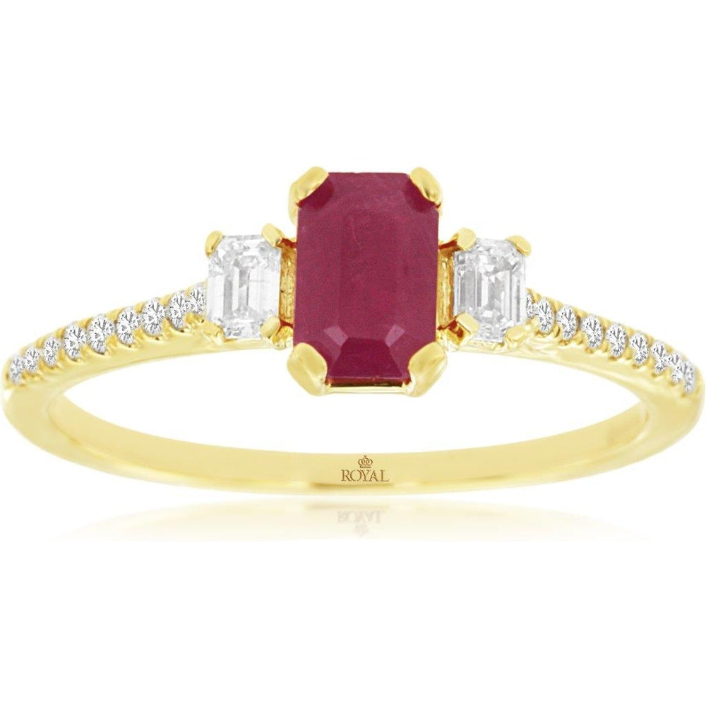 14K Yellow Gold Three-Stone Ring with Emerald-Cut Ruby and Side Diamonds - 0.64 Carat Ruby Total Weight and 0.28 Carat Diamond Total Weight - Royal Jewelry