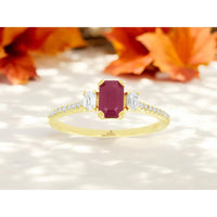 14K Yellow Gold Three-Stone Ring with Emerald-Cut Ruby and Side Diamonds - 0.64 Carat Ruby Total Weight and 0.28 Carat Diamond Total Weight - Royal Jewelry