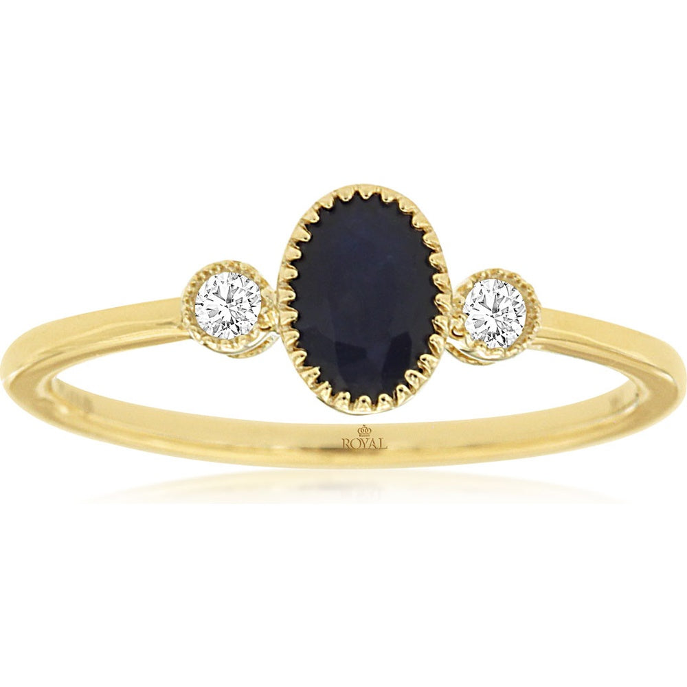 14K Yellow Gold Three-Stone Ring with Milgrain Bezel Set Oval Sapphire and Round Diamond Accents - 0.57 Carat Sapphire and 0.06 Carat Total Diamond Weight - Royal Jewelry