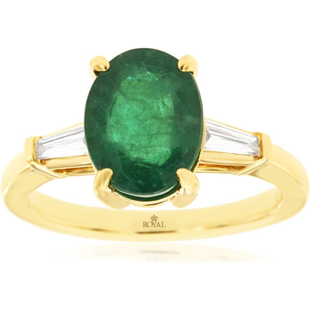 14K Yellow Gold Three-Stone Ring with Oval Emerald and Tapered Baguette Diamonds - 2.40 Carat Emerald and 0.16 Carat Total Diamond Weight - Royal Jewelry