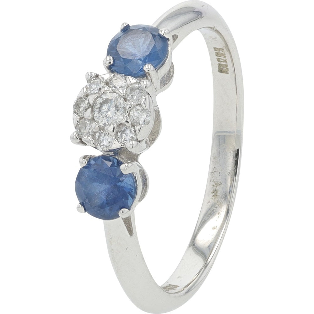 14K Yellow Gold Three-Stone Ring with Sapphire Accents and Diamond Cluster - 0.50 Carat Total Sapphire Weight and 0.12 Carat Total Diamond Weight