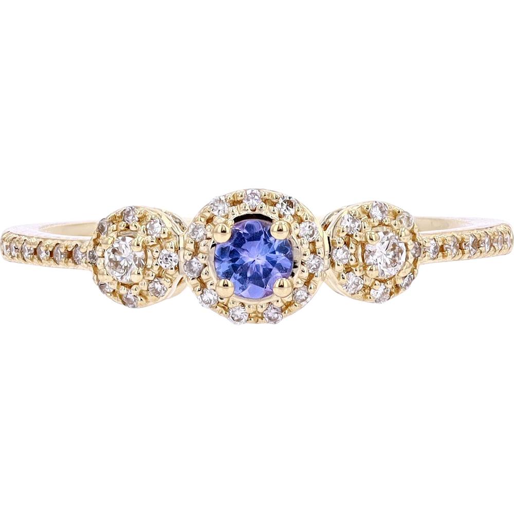 14K Yellow Gold Three Stone Ring with Tanzanite and Diamond Accents - 0.16 Carat Total Diamond Weight