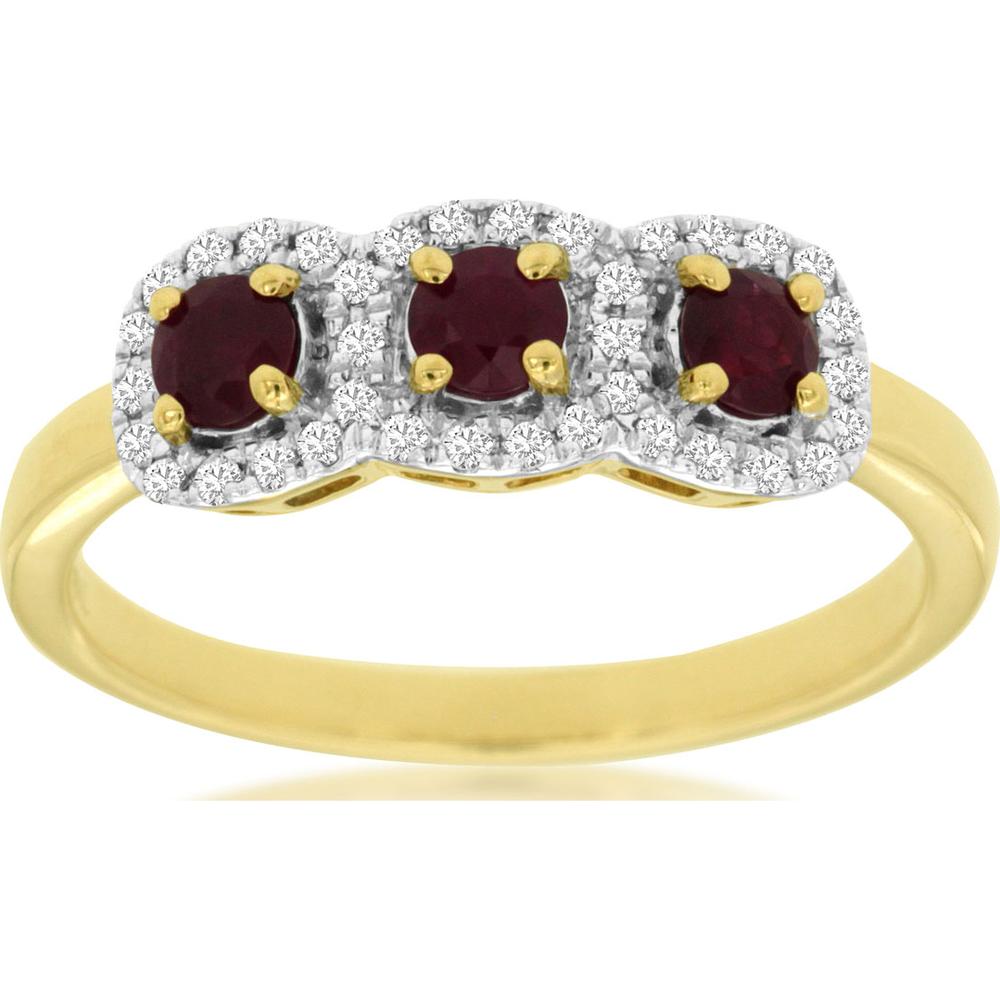 14K Yellow Gold Three Stone Round Ruby and Diamond Halo Ring - 0.43 Carat Total Ruby Weight and 0.15 Carat Total Diamond Weight - Royal Jewelry