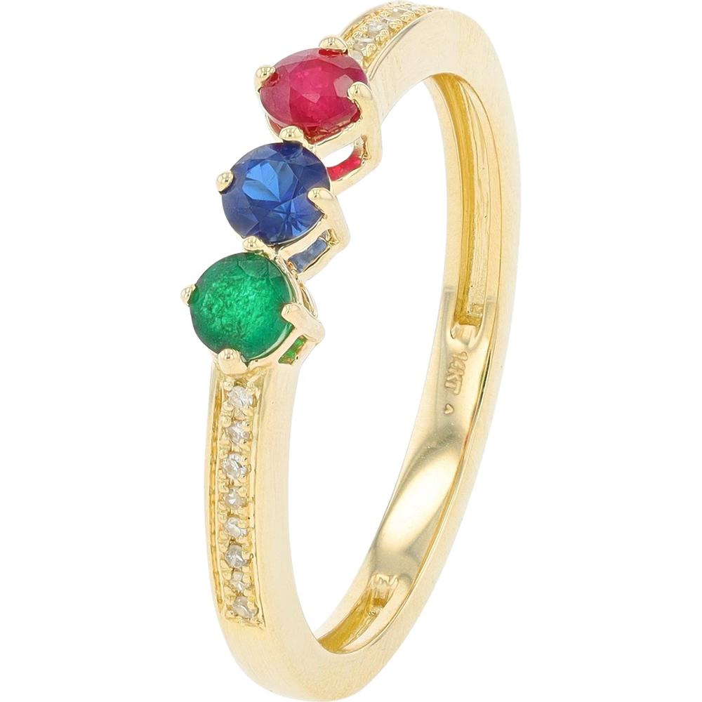 14K Yellow Gold Three Stone Ruby, Sapphire, and Emerald Ring with Diamond Accent - 0.42 Carats Total Gemstone Weight
