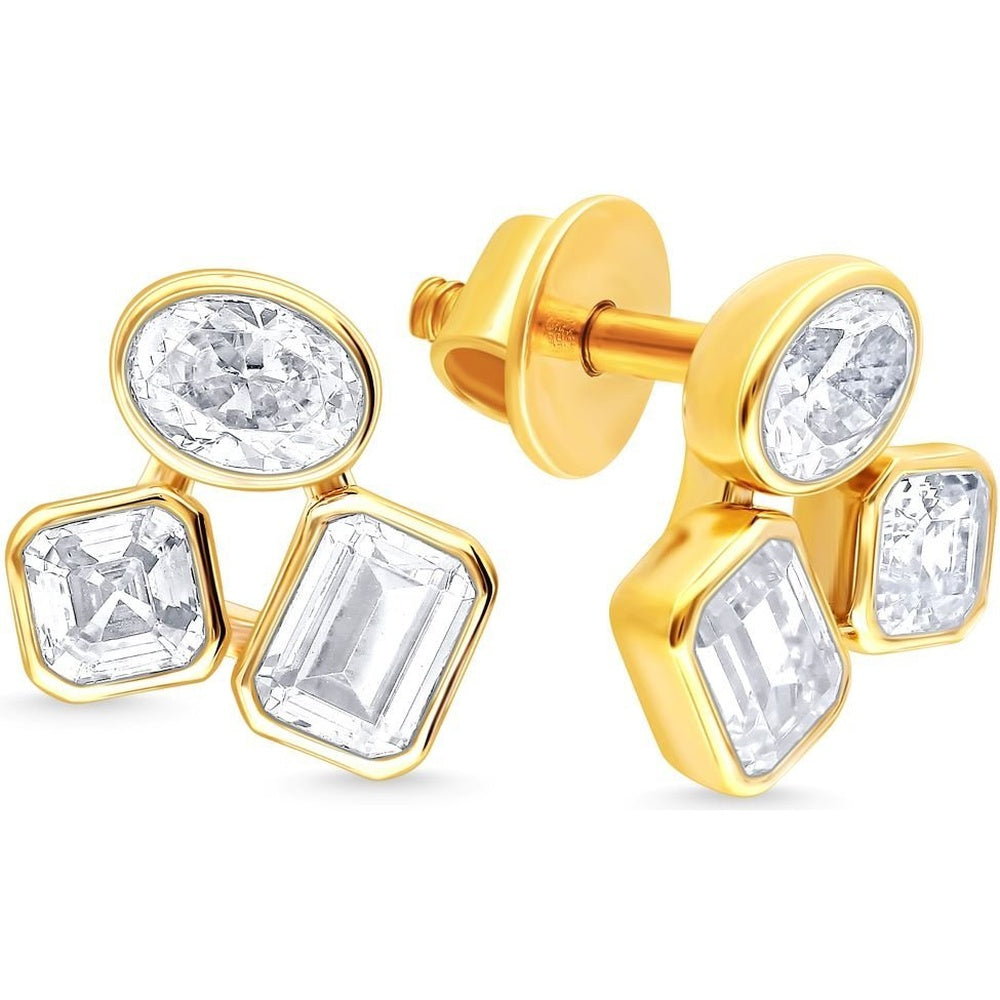 14K Yellow Gold Three-Stone Stud Earrings with Bezel Set Oval, Emerald, and Radiant Cut Diamonds - 1.08 Carat Total Diamond Weight by Auriventus
