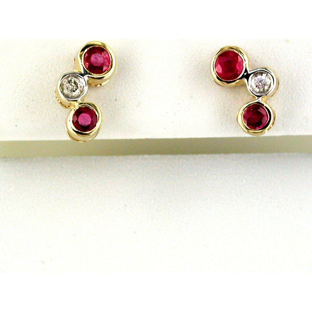 14K Yellow Gold Three-Stone Stud Earrings with Bezel-Set Round Rubies and Diamonds - 0.50 Carat Total Ruby Weight and 0.11 Carat Total Diamond Weight - Royal Jewelry