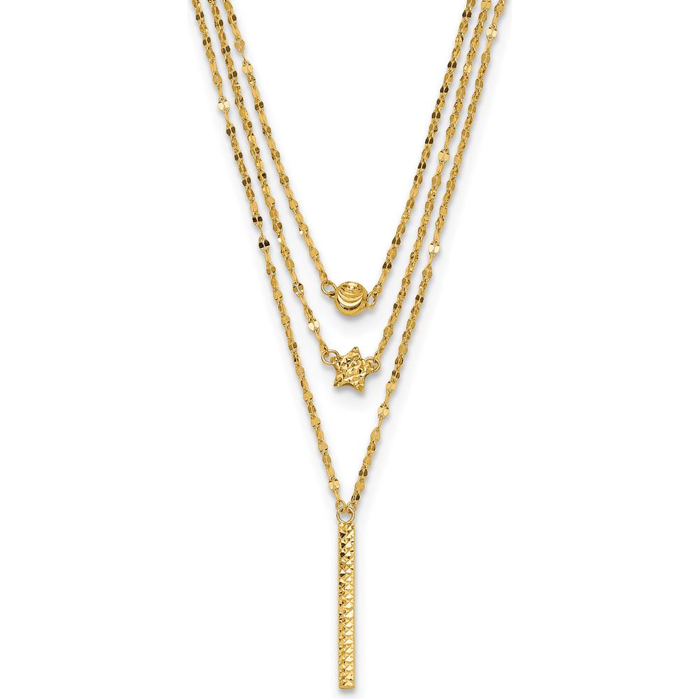 14K Yellow Gold Three Strand Necklace with Diamond-Cut Beads, Star, and Bar Pendant - 18" Length by 0