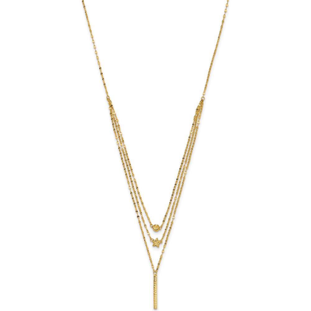 14K Yellow Gold Three Strand Necklace with Diamond-Cut Beads, Star, and Bar Pendant - 18" Length by 0