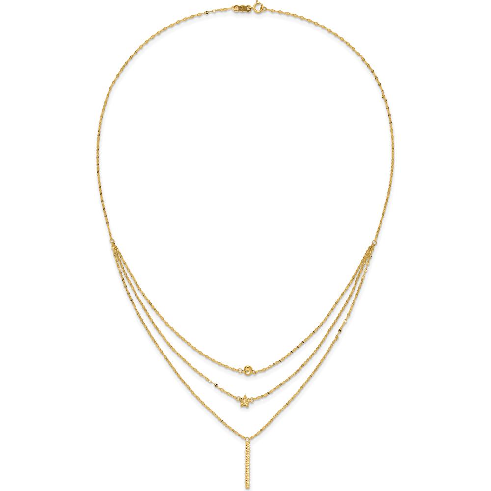 14K Yellow Gold Three Strand Necklace with Diamond-Cut Beads, Star, and Bar Pendant - 18" Length by 0