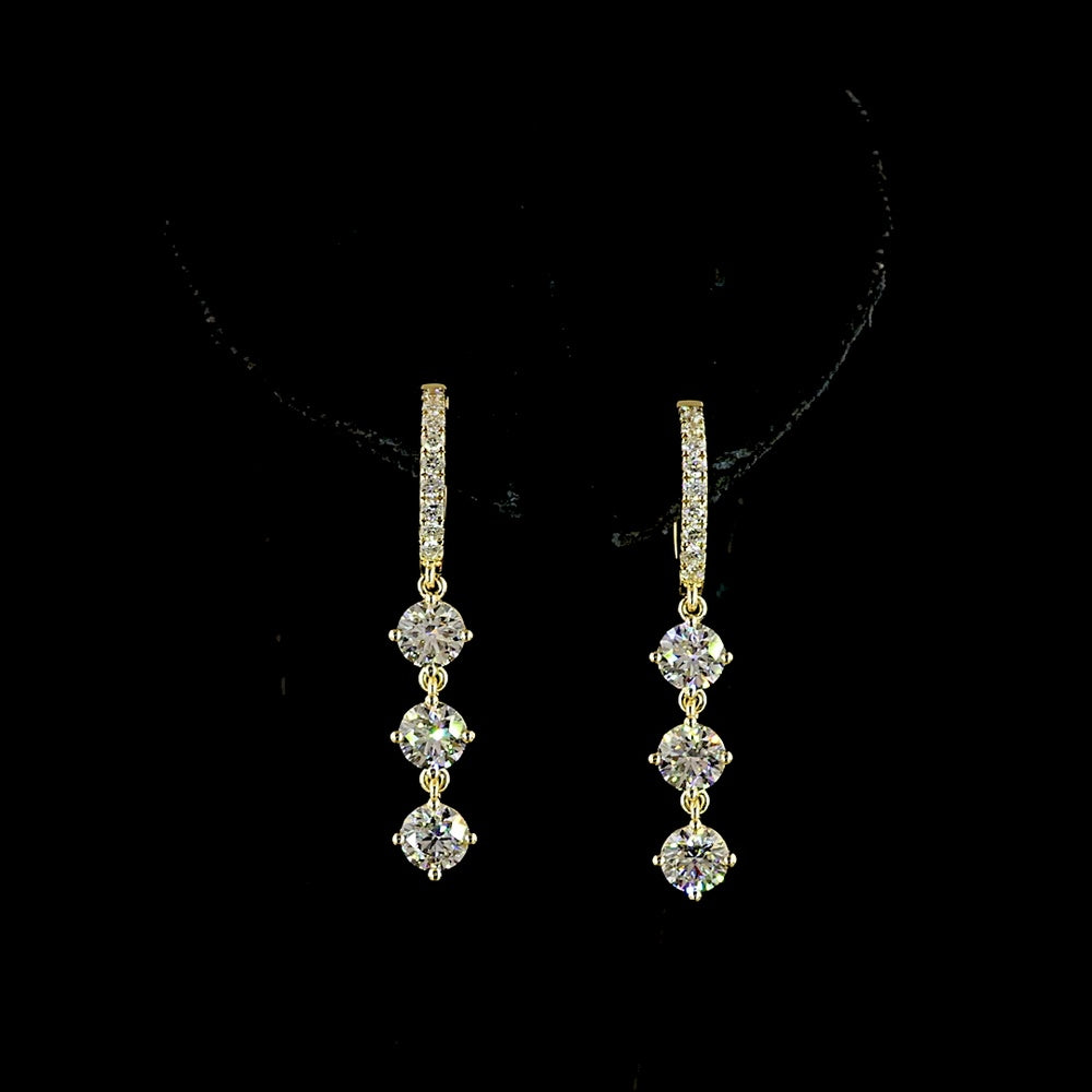 14K Yellow Gold Three-Tier Drop Earrings with 2.02 Carat Total Weight Round Brilliant Cut Lab Diamonds - E-F Color VS1 Clarity - Covaloro Fine Jewelry