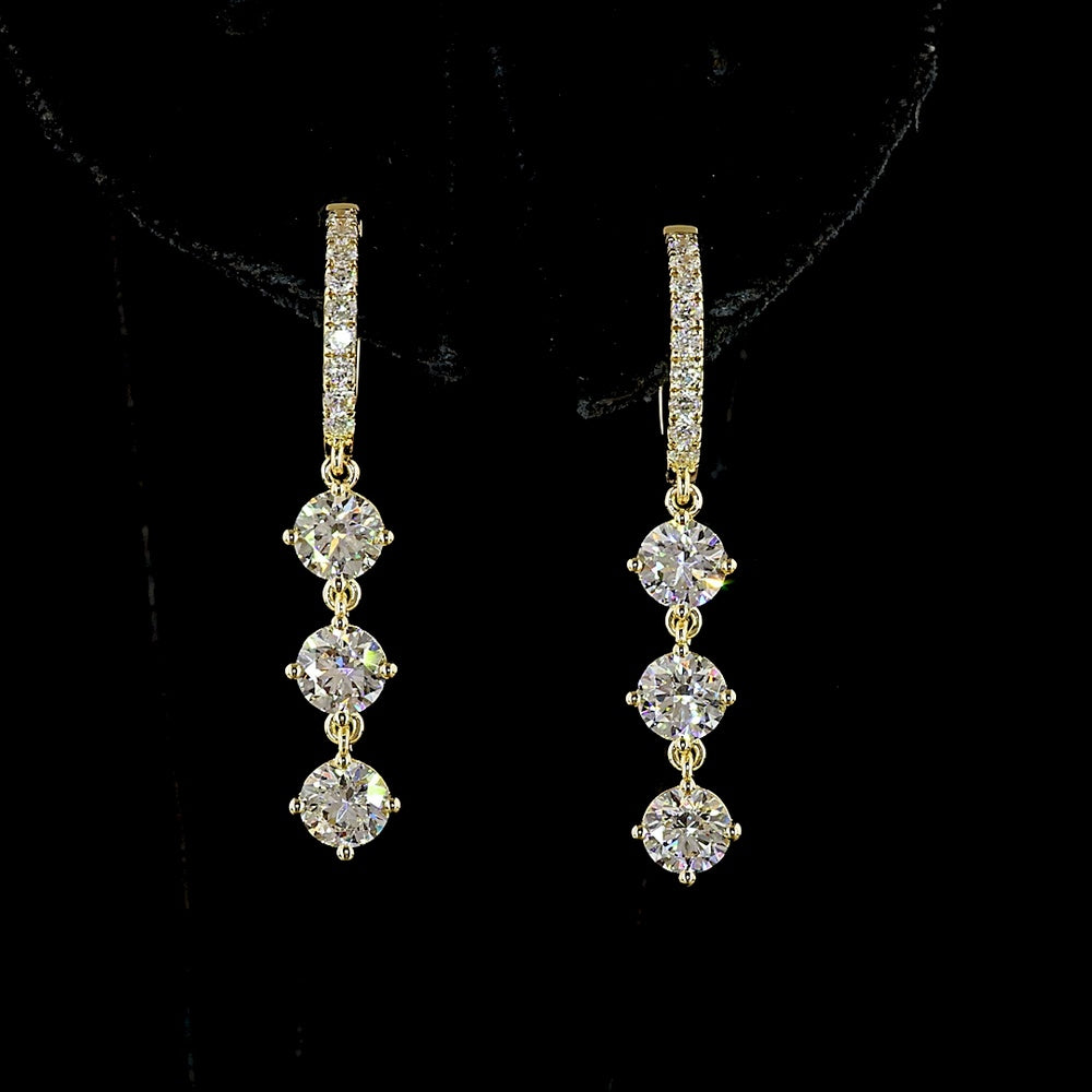 14K Yellow Gold Three-Tier Drop Earrings with 2.02 Carat Total Weight Round Brilliant Cut Lab Diamonds - E-F Color VS1 Clarity - Covaloro Fine Jewelry