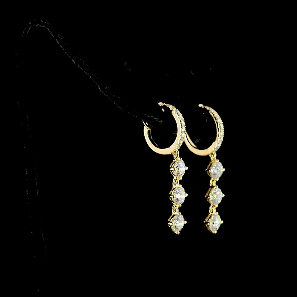 14K Yellow Gold Three-Tier Drop Earrings with 2.02 Carat Total Weight Round Brilliant Cut Lab Diamonds - E-F Color VS1 Clarity - Covaloro Fine Jewelry